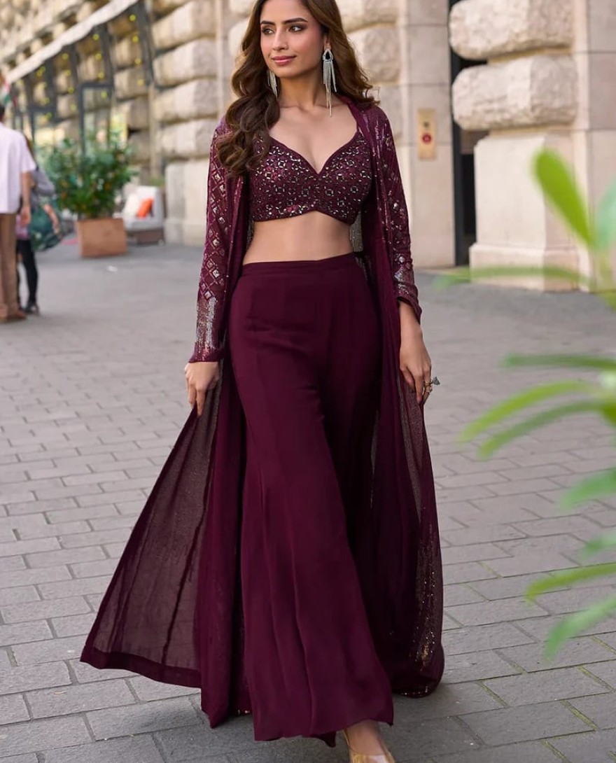MAROON - Designer Wine Jacket & Crop Top Indo Western Suit – Modern Party Look